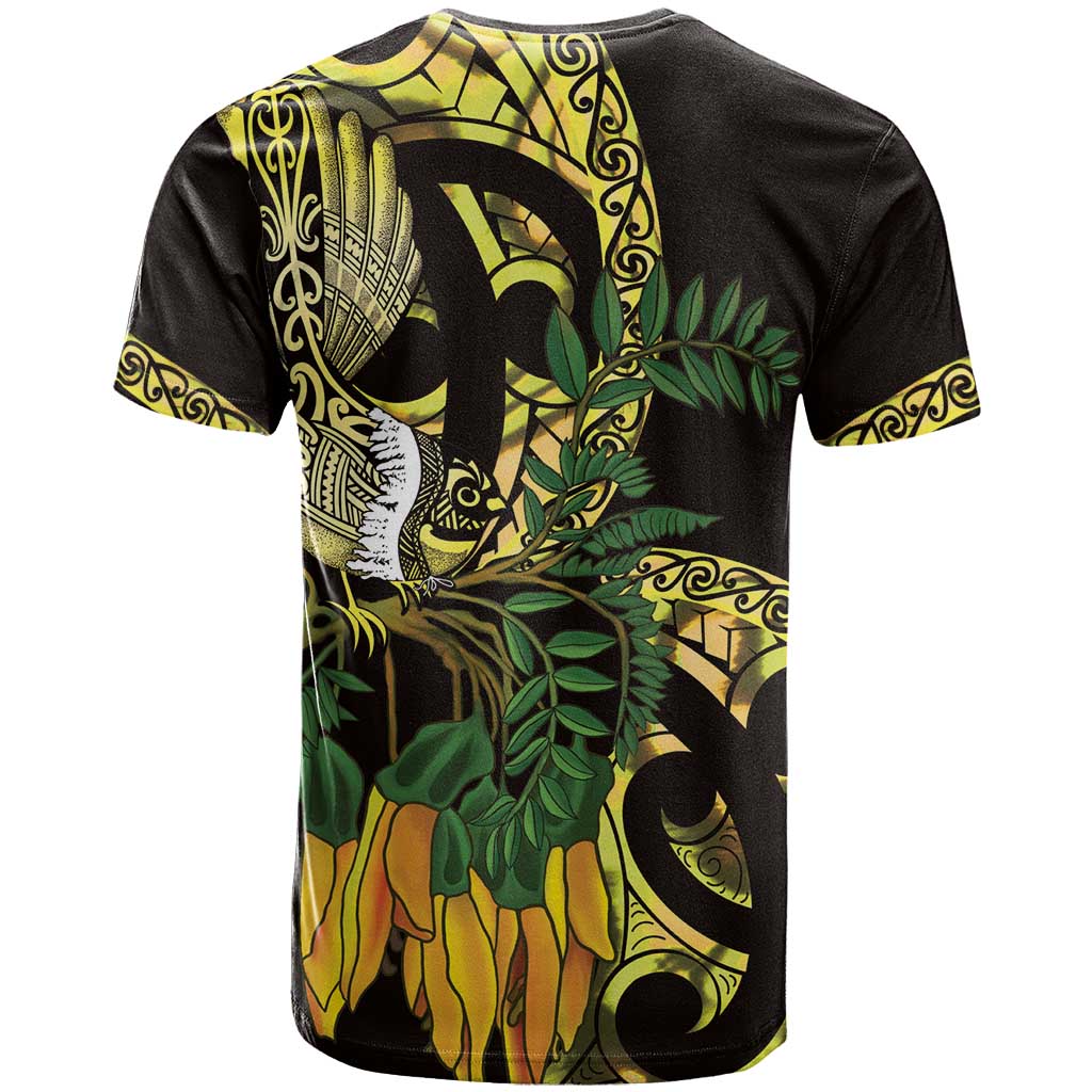 Yellow New Zealand Kowhai And Piwakawaka T Shirt Maori Ngaru Paua Shell LT14 - Polynesian Pride