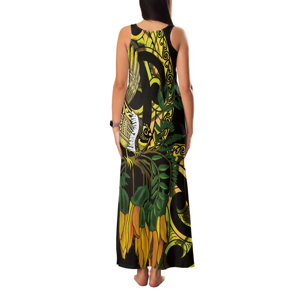 Yellow New Zealand Kowhai And Piwakawaka Tank Maxi Dress Maori Ngaru Paua Shell LT14 - Polynesian Pride
