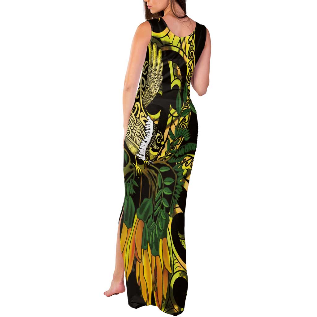 Yellow New Zealand Kowhai And Piwakawaka Tank Maxi Dress Maori Ngaru Paua Shell LT14 - Polynesian Pride