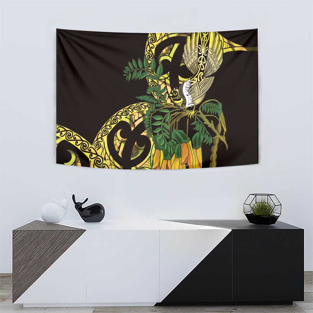 Yellow New Zealand Kowhai And Piwakawaka Tapestry Maori Ngaru Paua Shell LT14 - Polynesian Pride