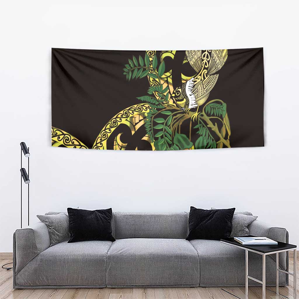 Yellow New Zealand Kowhai And Piwakawaka Tapestry Maori Ngaru Paua Shell LT14 - Polynesian Pride
