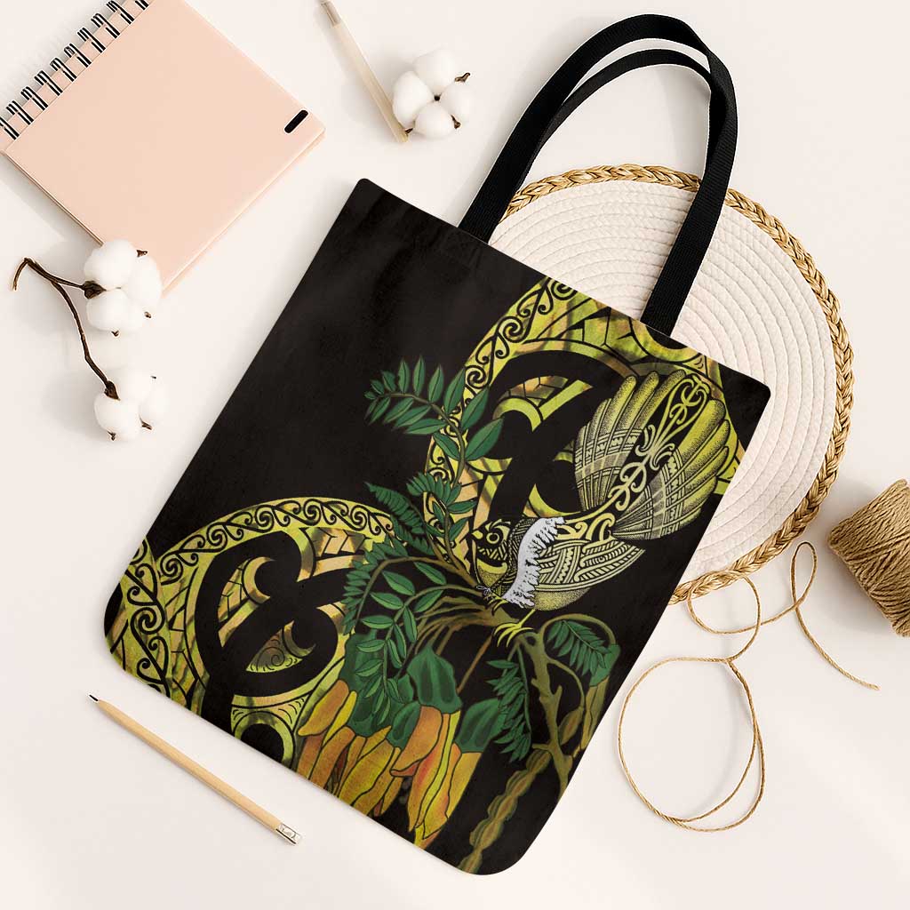 Yellow New Zealand Kowhai And Piwakawaka Tote Bag Maori Ngaru Paua Shell LT14 Black Strap One Size Yellow - Polynesian Pride