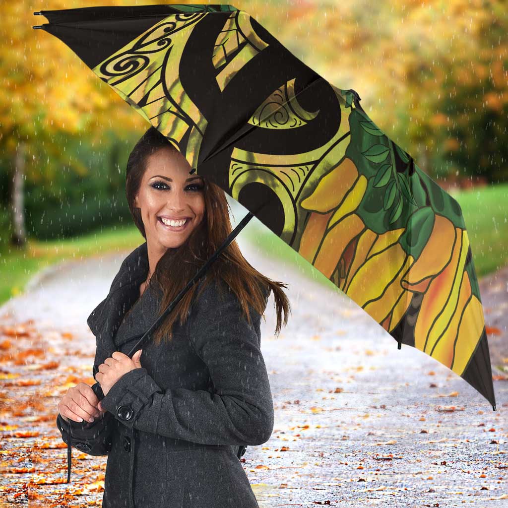 Yellow New Zealand Kowhai And Piwakawaka Umbrella Maori Ngaru Paua Shell LT14 - Polynesian Pride
