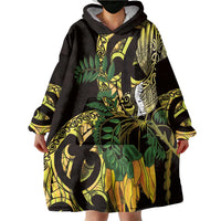 Yellow New Zealand Kowhai And Piwakawaka Wearable Blanket Hoodie Maori Ngaru Paua Shell LT14 - Polynesian Pride