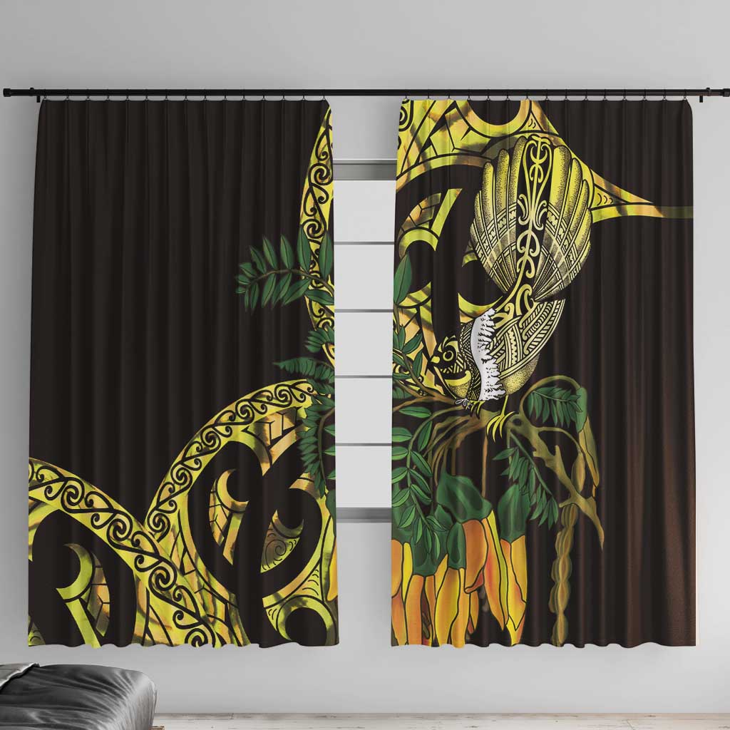 Yellow New Zealand Kowhai And Piwakawaka Window Curtain Maori Ngaru Paua Shell LT14 With Hooks Yellow - Polynesian Pride