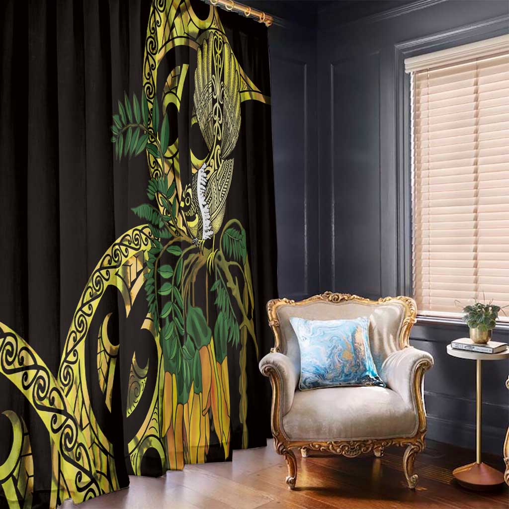 Yellow New Zealand Kowhai And Piwakawaka Window Curtain Maori Ngaru Paua Shell LT14 - Polynesian Pride