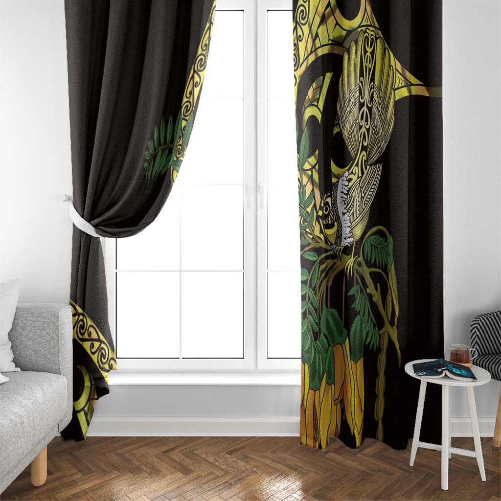 Yellow New Zealand Kowhai And Piwakawaka Window Curtain Maori Ngaru Paua Shell LT14 - Polynesian Pride