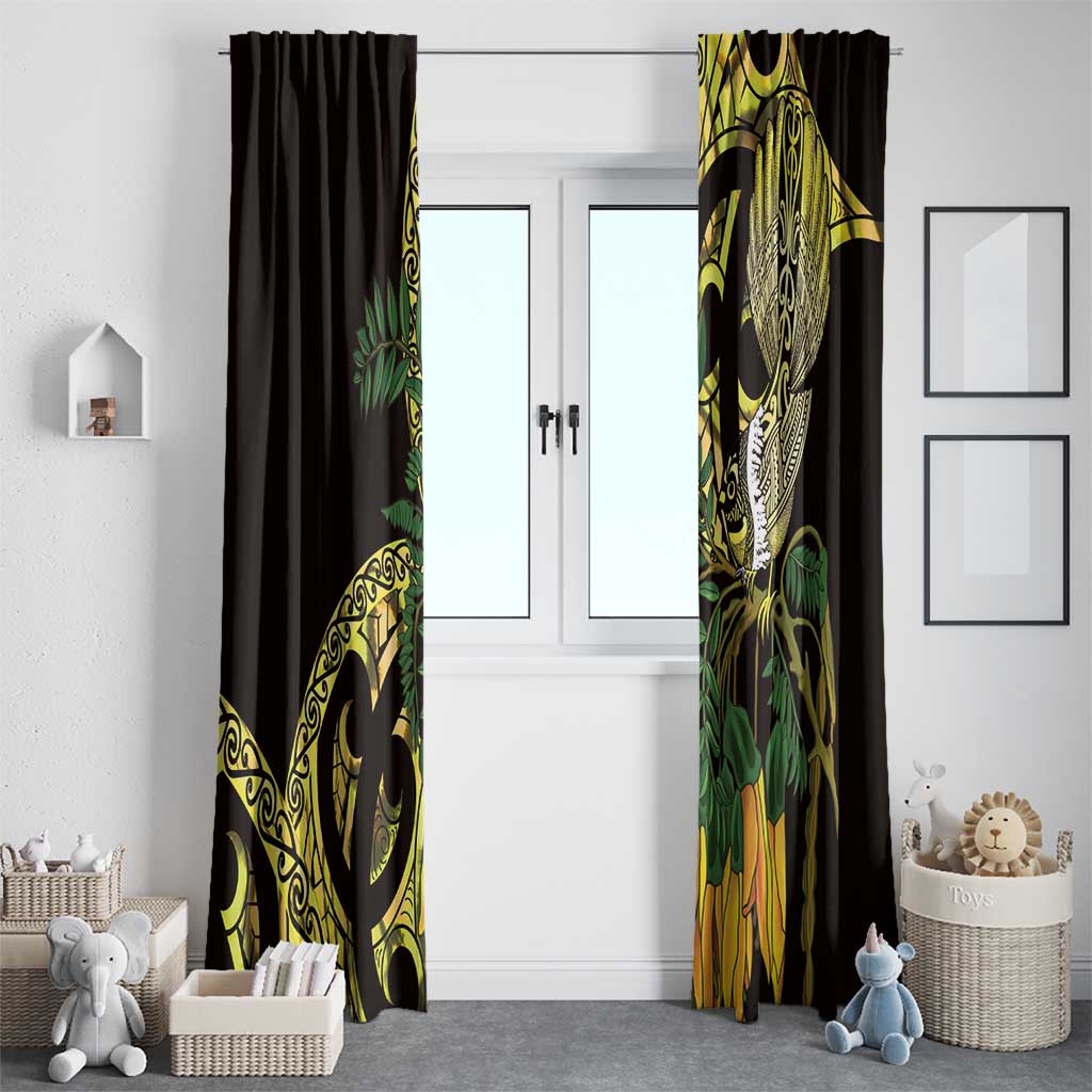 Yellow New Zealand Kowhai And Piwakawaka Window Curtain Maori Ngaru Paua Shell LT14 - Polynesian Pride