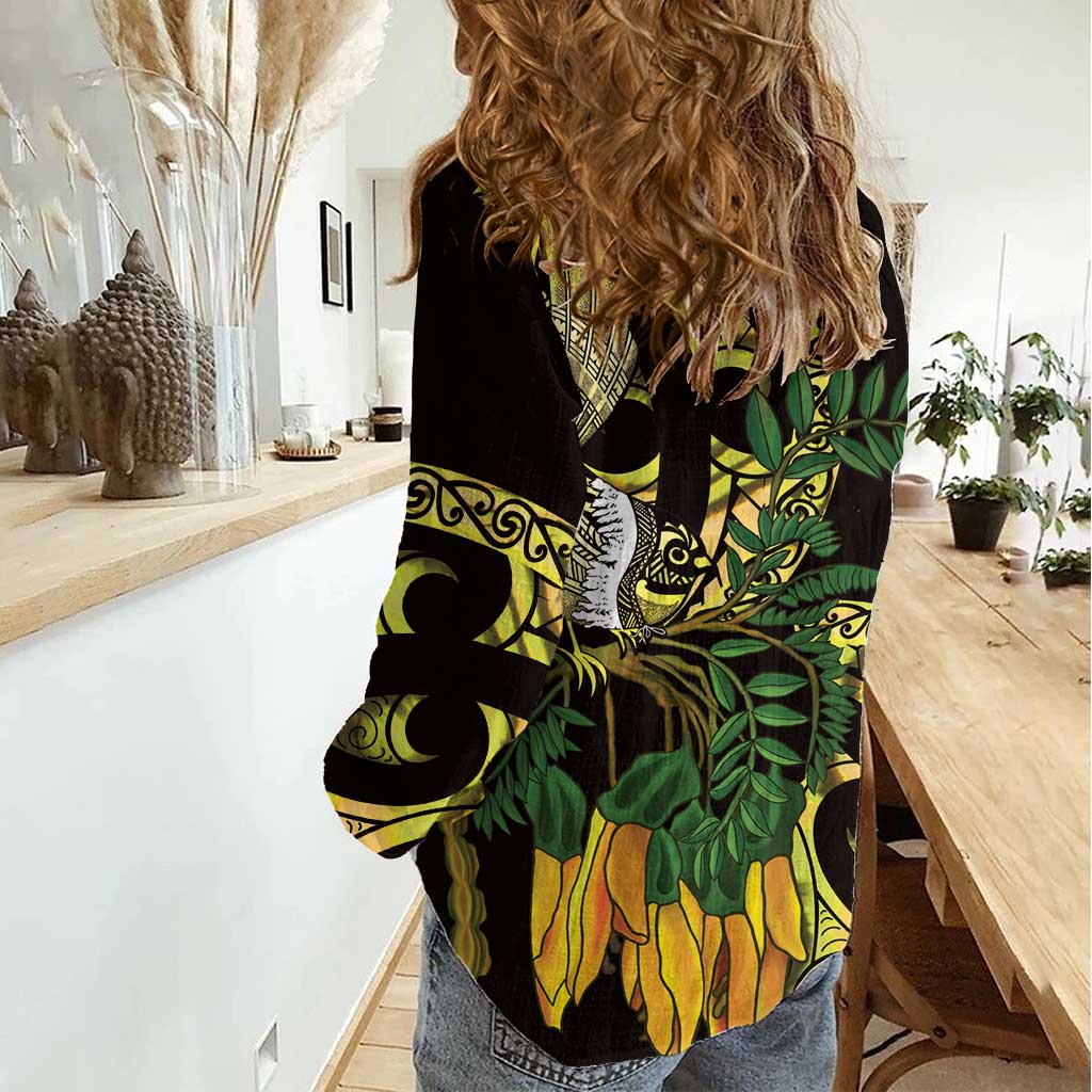 Yellow New Zealand Kowhai And Piwakawaka Women Casual Shirt Maori Ngaru Paua Shell