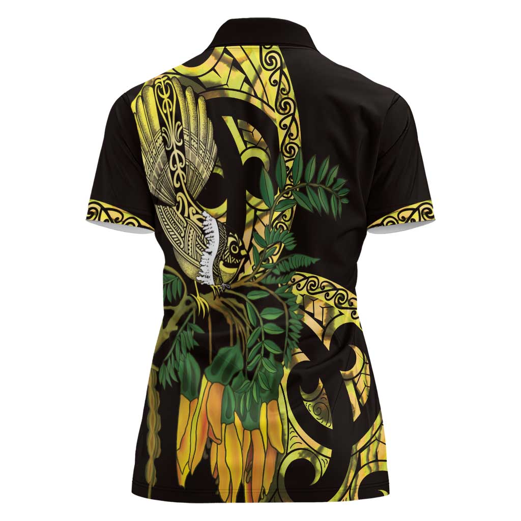 Yellow New Zealand Kowhai And Piwakawaka Women Polo Shirt Maori Ngaru Paua Shell LT14 - Polynesian Pride