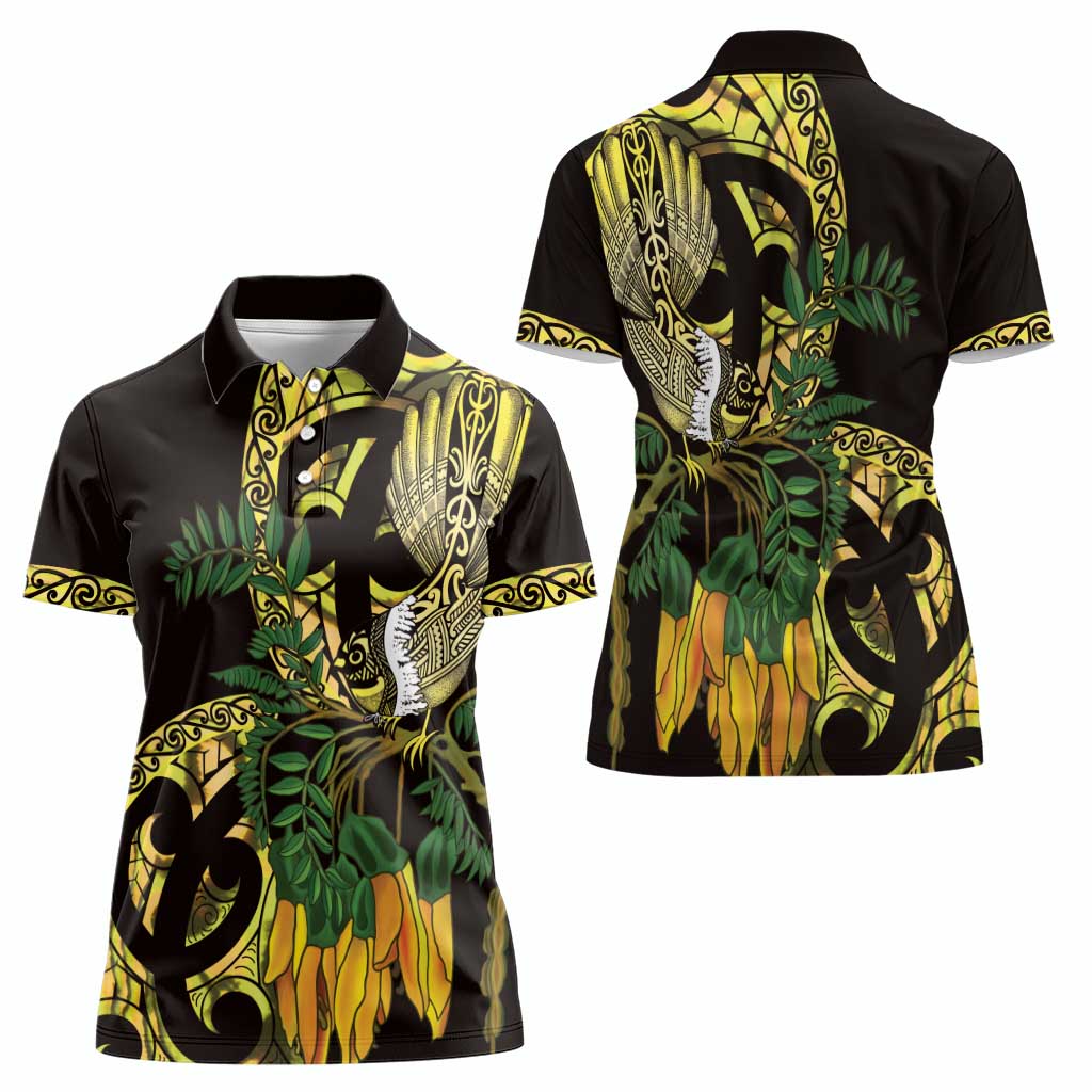 Yellow New Zealand Kowhai And Piwakawaka Women Polo Shirt Maori Ngaru Paua Shell LT14 - Polynesian Pride