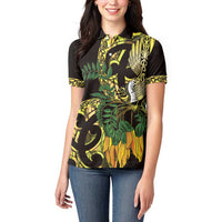 Yellow New Zealand Kowhai And Piwakawaka Women Polo Shirt Maori Ngaru Paua Shell LT14 - Polynesian Pride