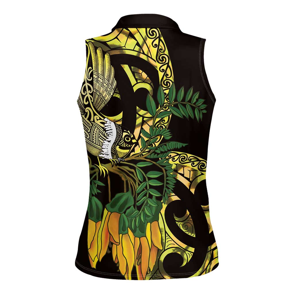 Yellow New Zealand Kowhai And Piwakawaka Women Sleeveless Polo Shirt Maori Ngaru Paua Shell LT14 - Polynesian Pride
