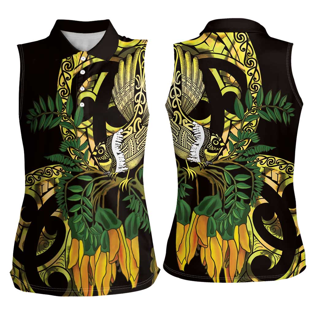 Yellow New Zealand Kowhai And Piwakawaka Women Sleeveless Polo Shirt Maori Ngaru Paua Shell LT14 - Polynesian Pride