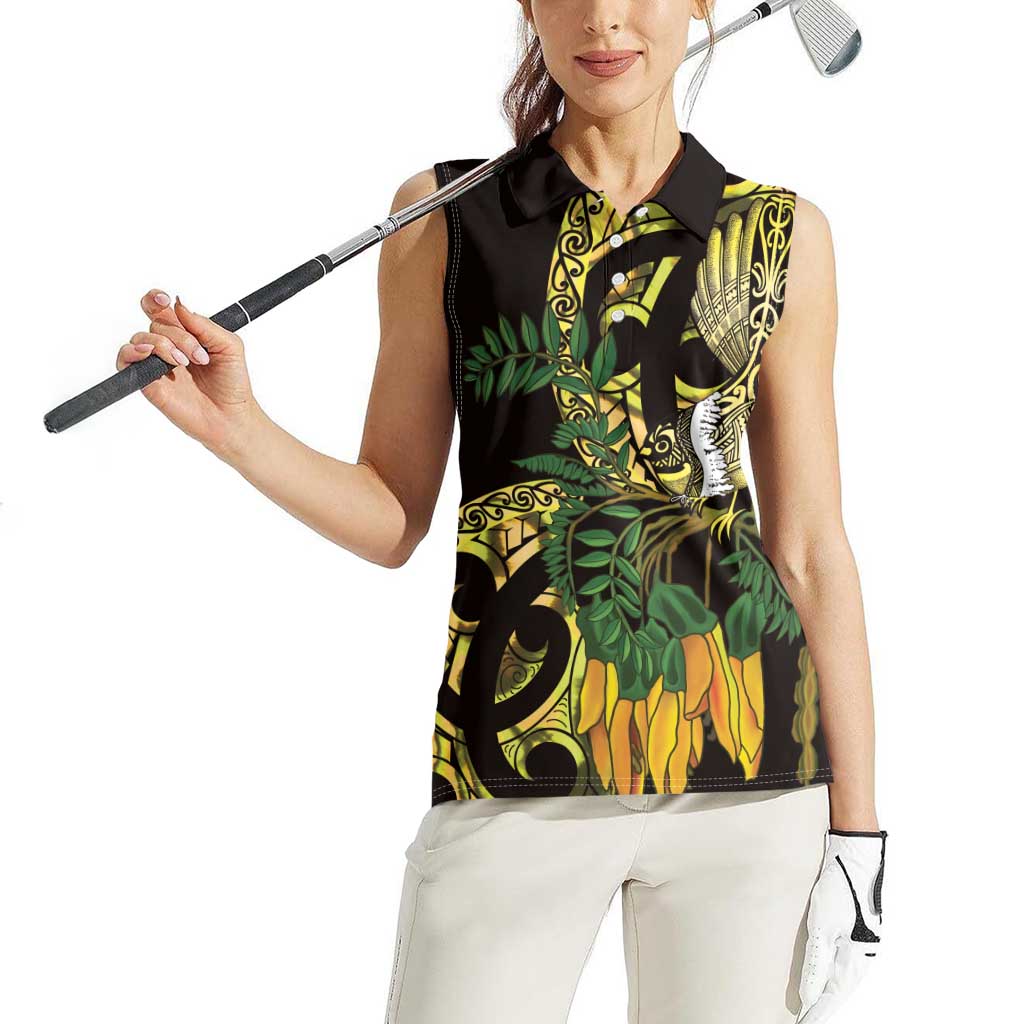 Yellow New Zealand Kowhai And Piwakawaka Women Sleeveless Polo Shirt Maori Ngaru Paua Shell LT14 - Polynesian Pride
