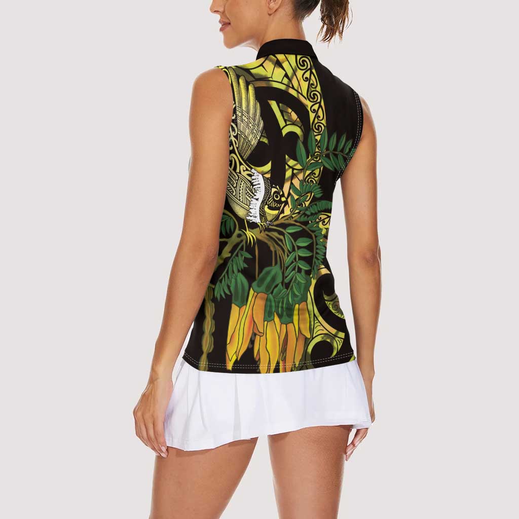 Yellow New Zealand Kowhai And Piwakawaka Women Sleeveless Polo Shirt Maori Ngaru Paua Shell LT14 - Polynesian Pride