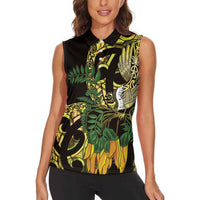 Yellow New Zealand Kowhai And Piwakawaka Women Sleeveless Polo Shirt Maori Ngaru Paua Shell LT14 - Polynesian Pride
