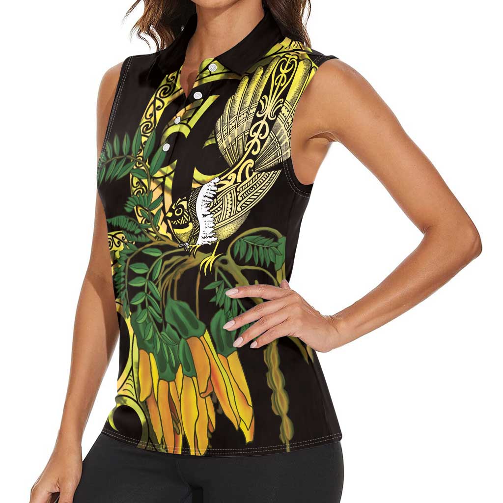 Yellow New Zealand Kowhai And Piwakawaka Women Sleeveless Polo Shirt Maori Ngaru Paua Shell LT14 - Polynesian Pride