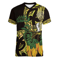 Yellow New Zealand Kowhai And Piwakawaka Women V-Neck T-Shirt Maori Ngaru Paua Shell LT14 Female Yellow - Polynesian Pride