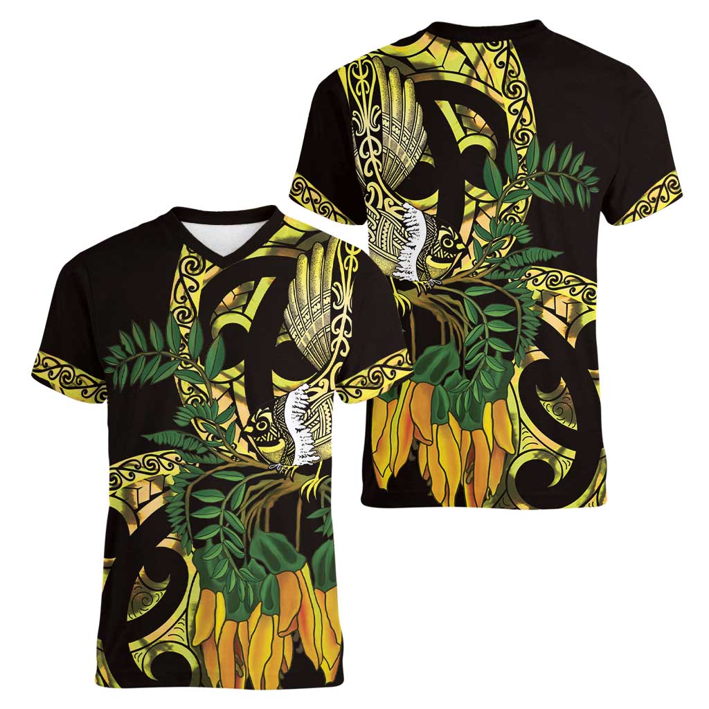 Yellow New Zealand Kowhai And Piwakawaka Women V-Neck T-Shirt Maori Ngaru Paua Shell LT14 - Polynesian Pride