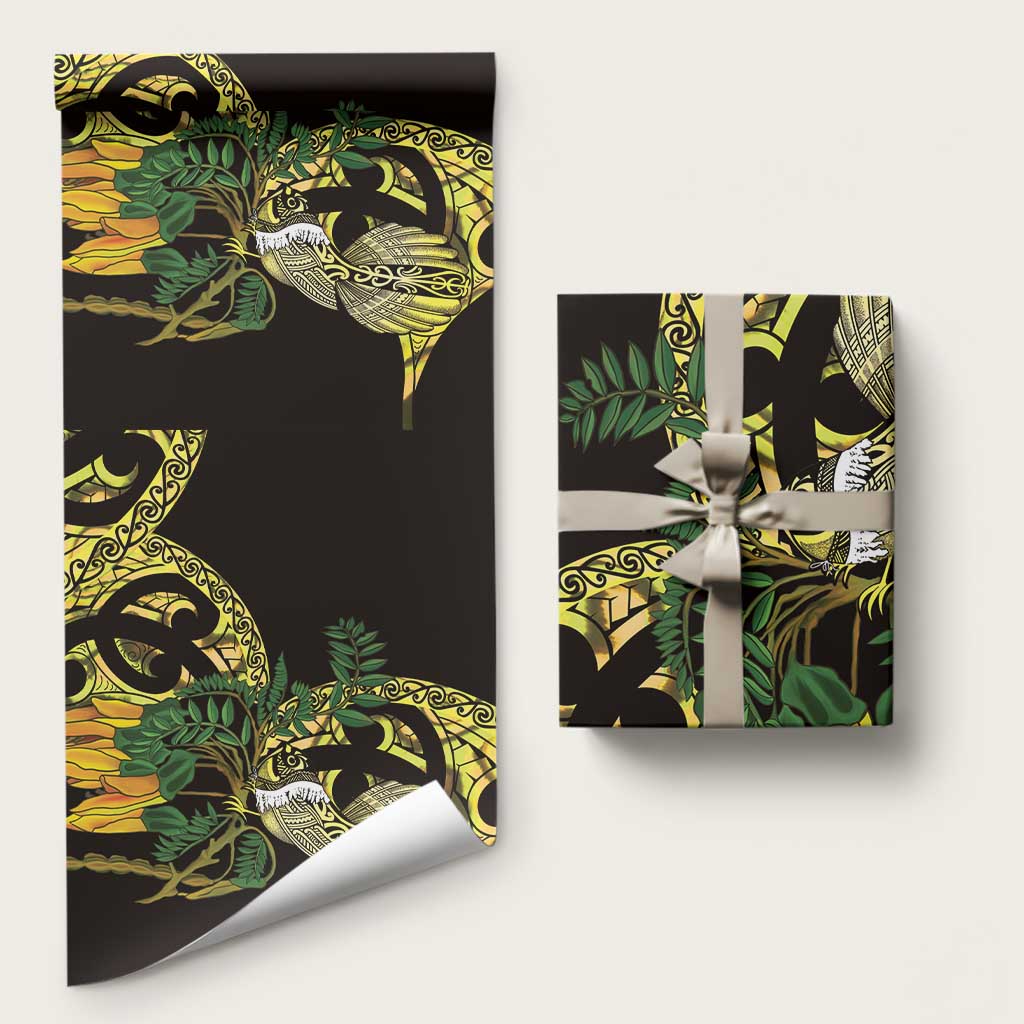 Yellow New Zealand Kowhai And Piwakawaka Wrapping Paper Maori Ngaru Paua Shell LT14 58" × 23" Yellow - Polynesian Pride