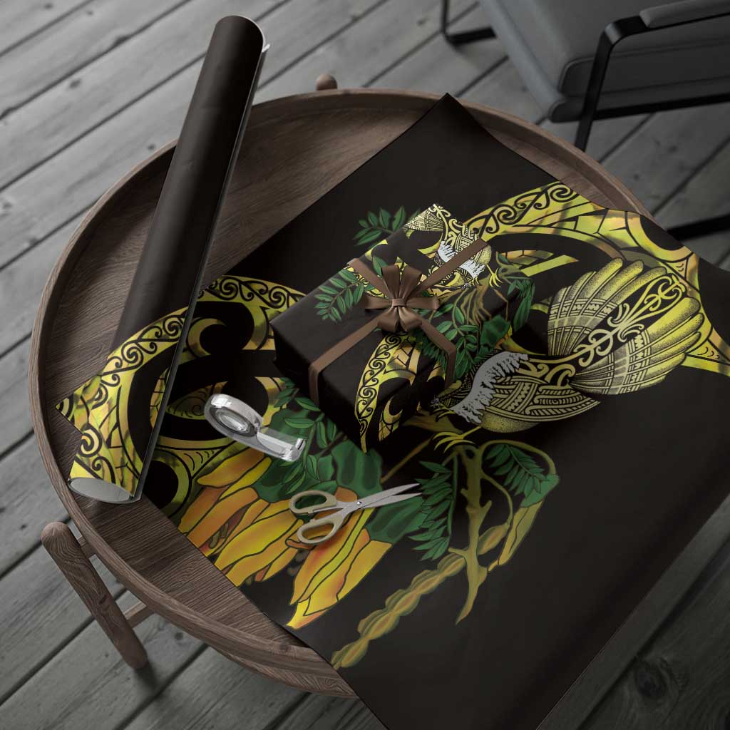 Yellow New Zealand Kowhai And Piwakawaka Wrapping Paper Maori Ngaru Paua Shell LT14 - Polynesian Pride