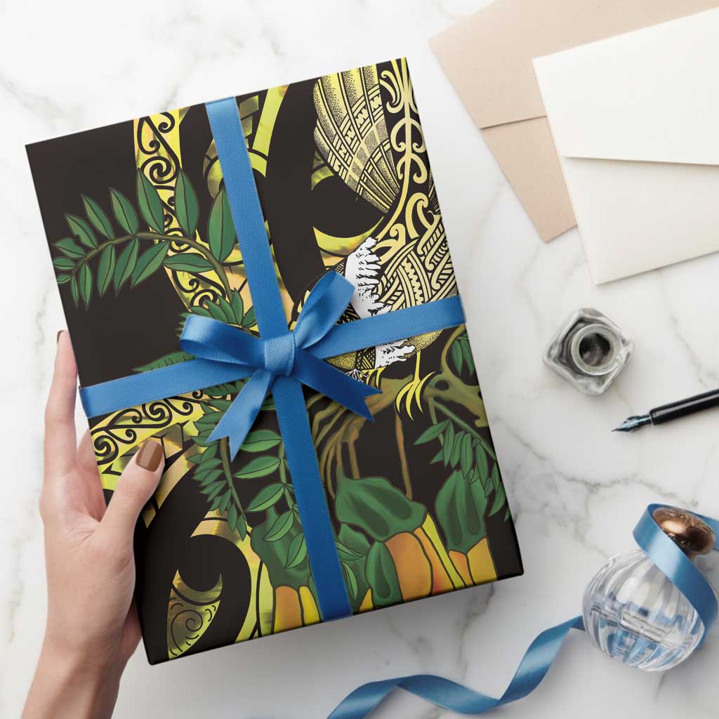 Yellow New Zealand Kowhai And Piwakawaka Wrapping Paper Maori Ngaru Paua Shell LT14 - Polynesian Pride