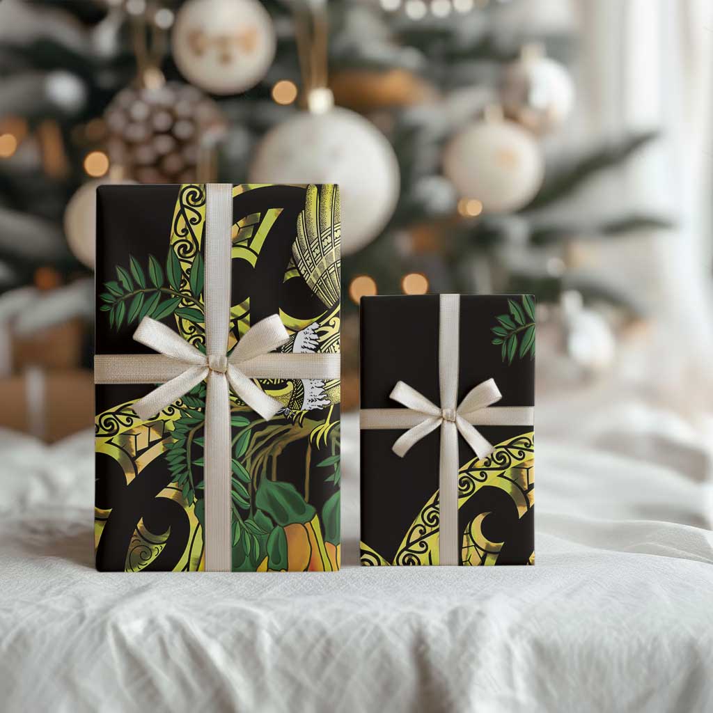 Yellow New Zealand Kowhai And Piwakawaka Wrapping Paper Maori Ngaru Paua Shell LT14 - Polynesian Pride