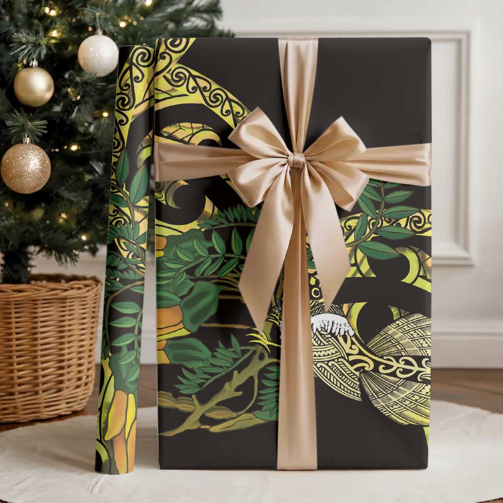 Yellow New Zealand Kowhai And Piwakawaka Wrapping Paper Maori Ngaru Paua Shell LT14 - Polynesian Pride