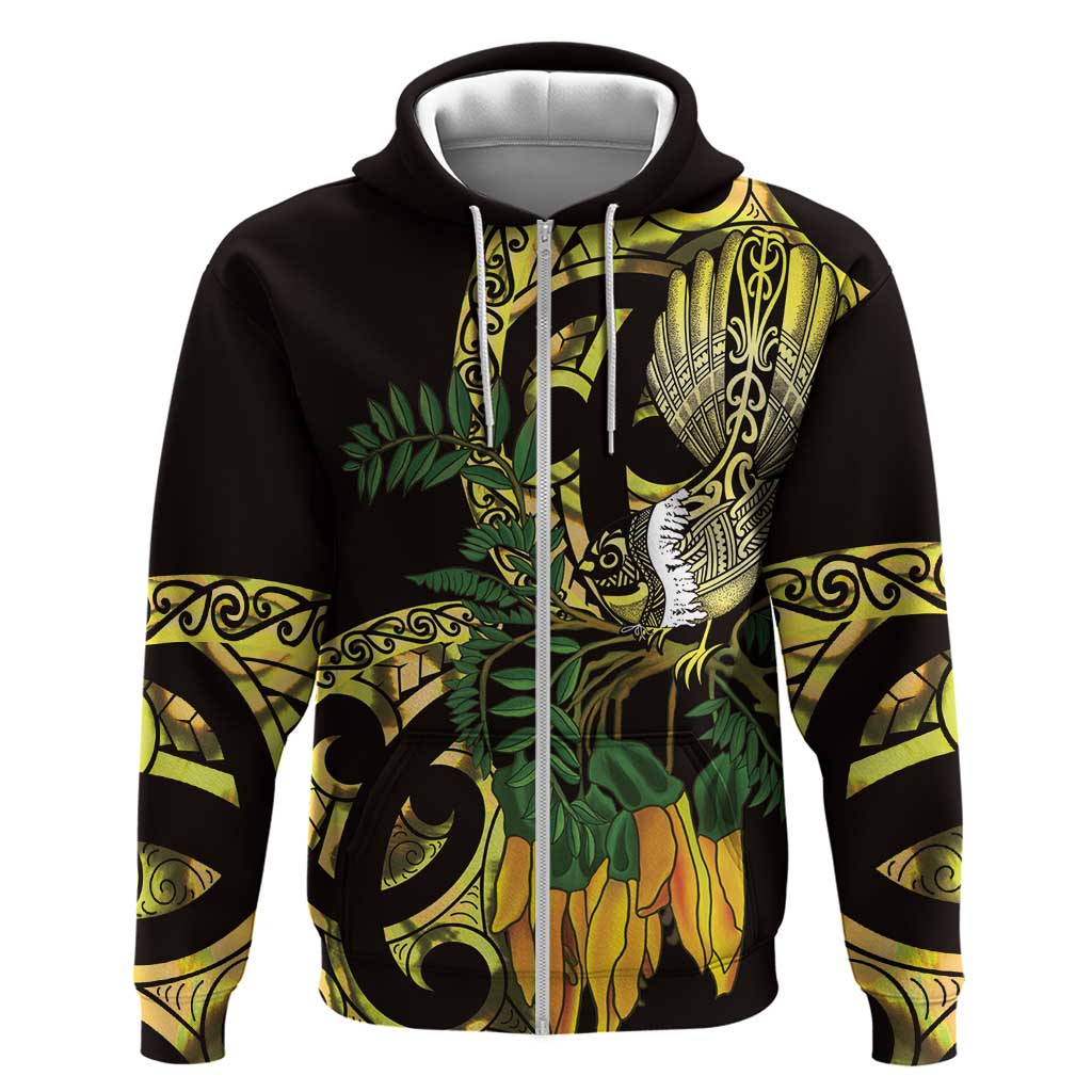 Yellow New Zealand Kowhai And Piwakawaka Zip Hoodie Maori Ngaru Paua Shell LT14 Zip Hoodie Yellow - Polynesian Pride