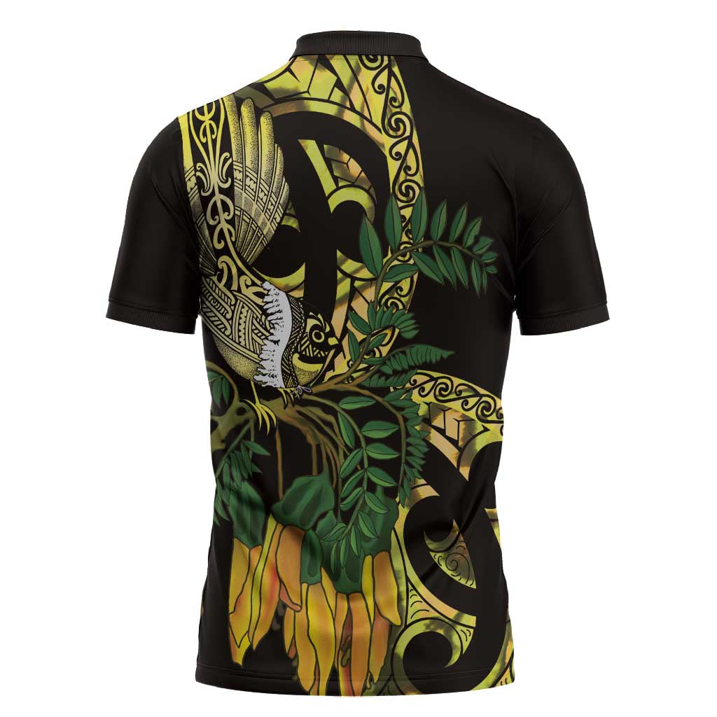 Yellow New Zealand Kowhai And Piwakawaka Zipper Polo Shirt Maori Ngaru Paua Shell LT14 - Polynesian Pride