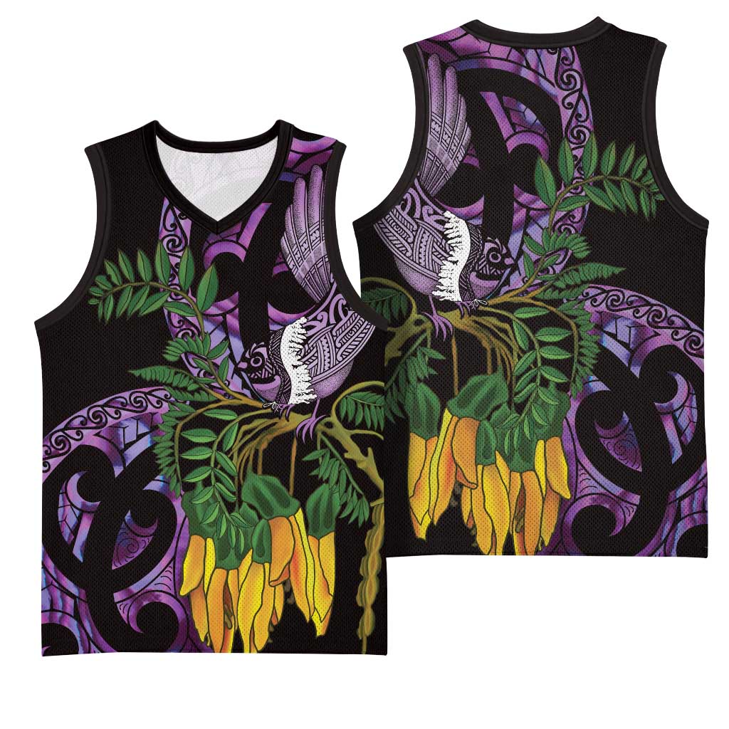Purple New Zealand Kowhai And Piwakawaka Basketball Jersey Maori Ngaru Paua Shell LT14 - Polynesian Pride