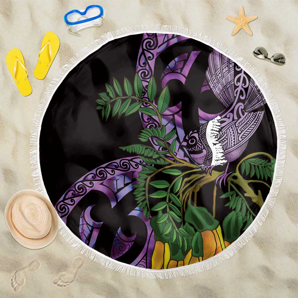 Purple New Zealand Kowhai And Piwakawaka Beach Blanket Maori Ngaru Paua Shell LT14 One Size 150cm Purple - Polynesian Pride
