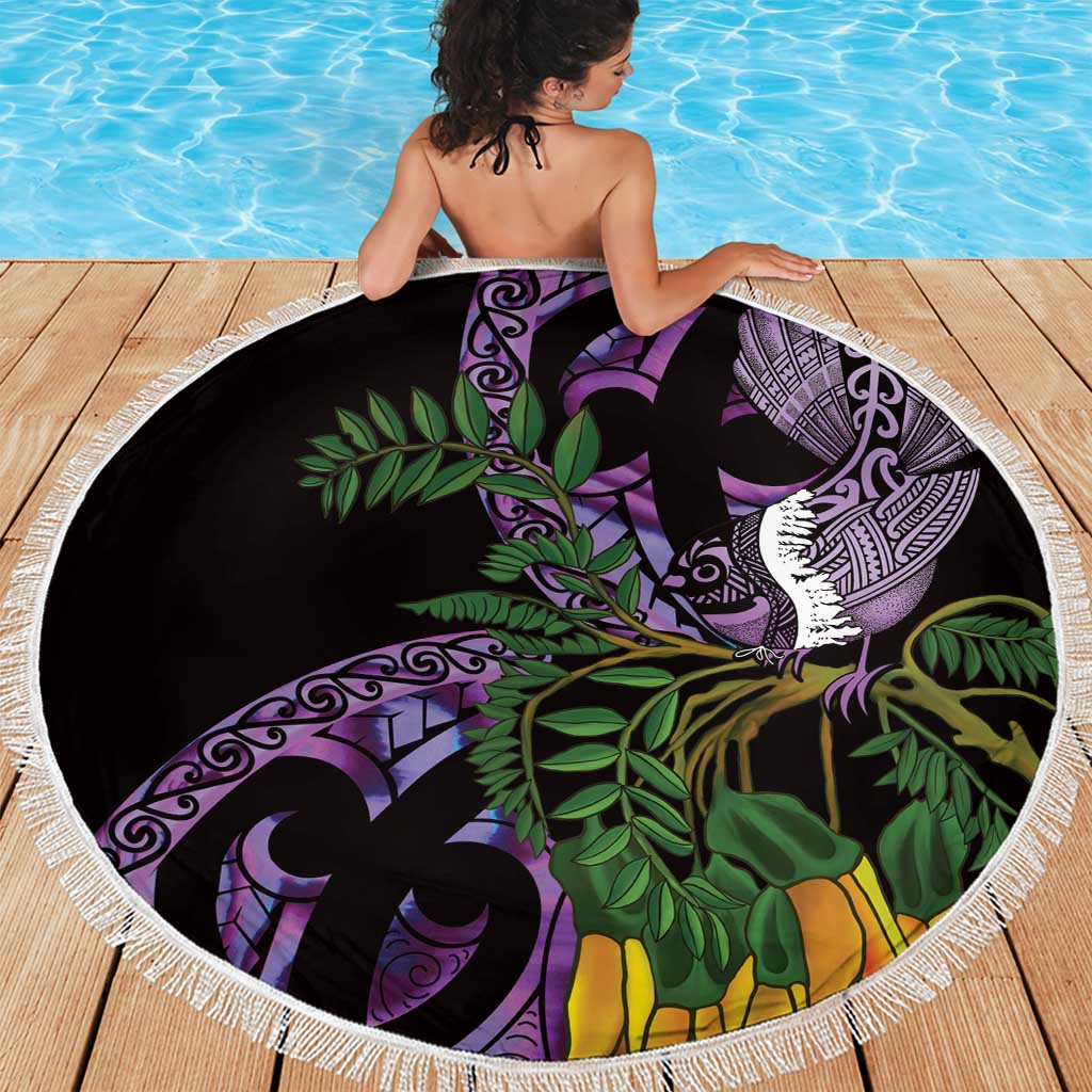 Purple New Zealand Kowhai And Piwakawaka Beach Blanket Maori Ngaru Paua Shell LT14 - Polynesian Pride