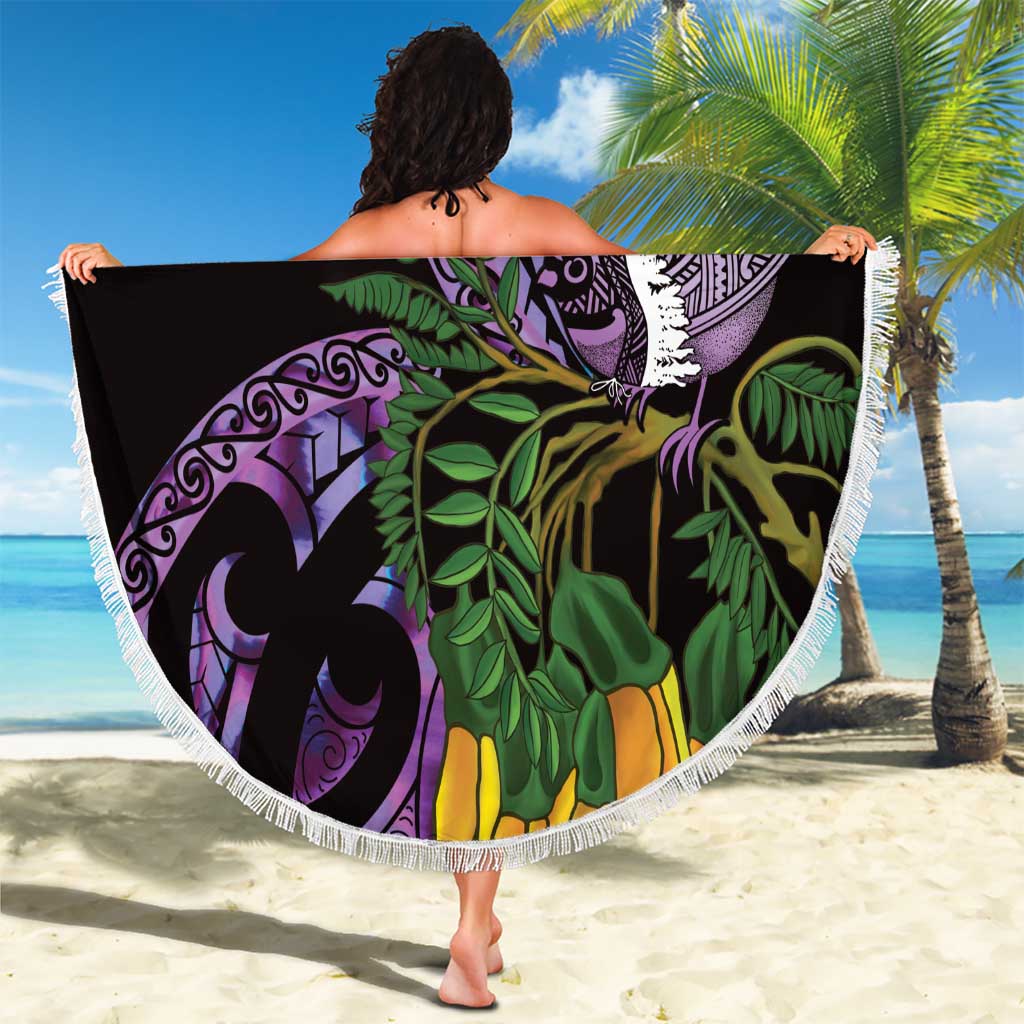 Purple New Zealand Kowhai And Piwakawaka Beach Blanket Maori Ngaru Paua Shell LT14 - Polynesian Pride