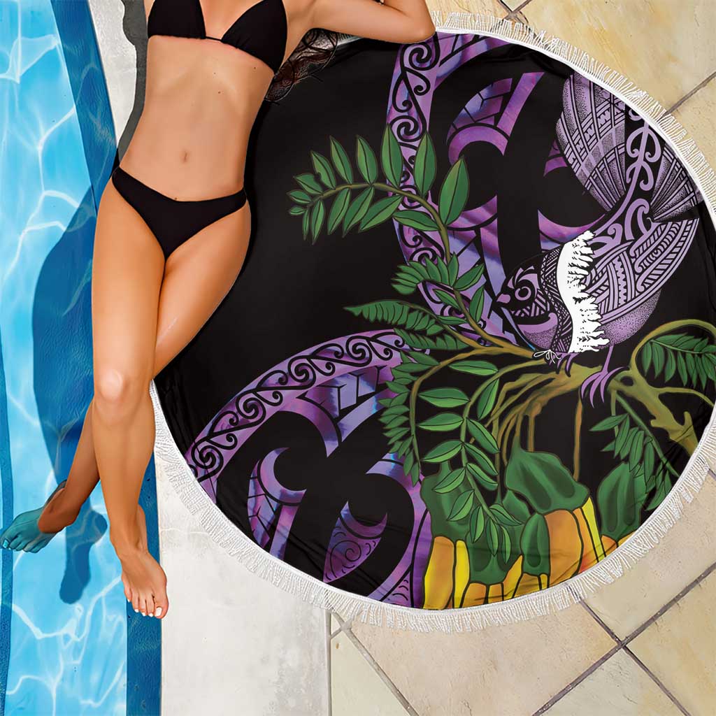 Purple New Zealand Kowhai And Piwakawaka Beach Blanket Maori Ngaru Paua Shell LT14 - Polynesian Pride