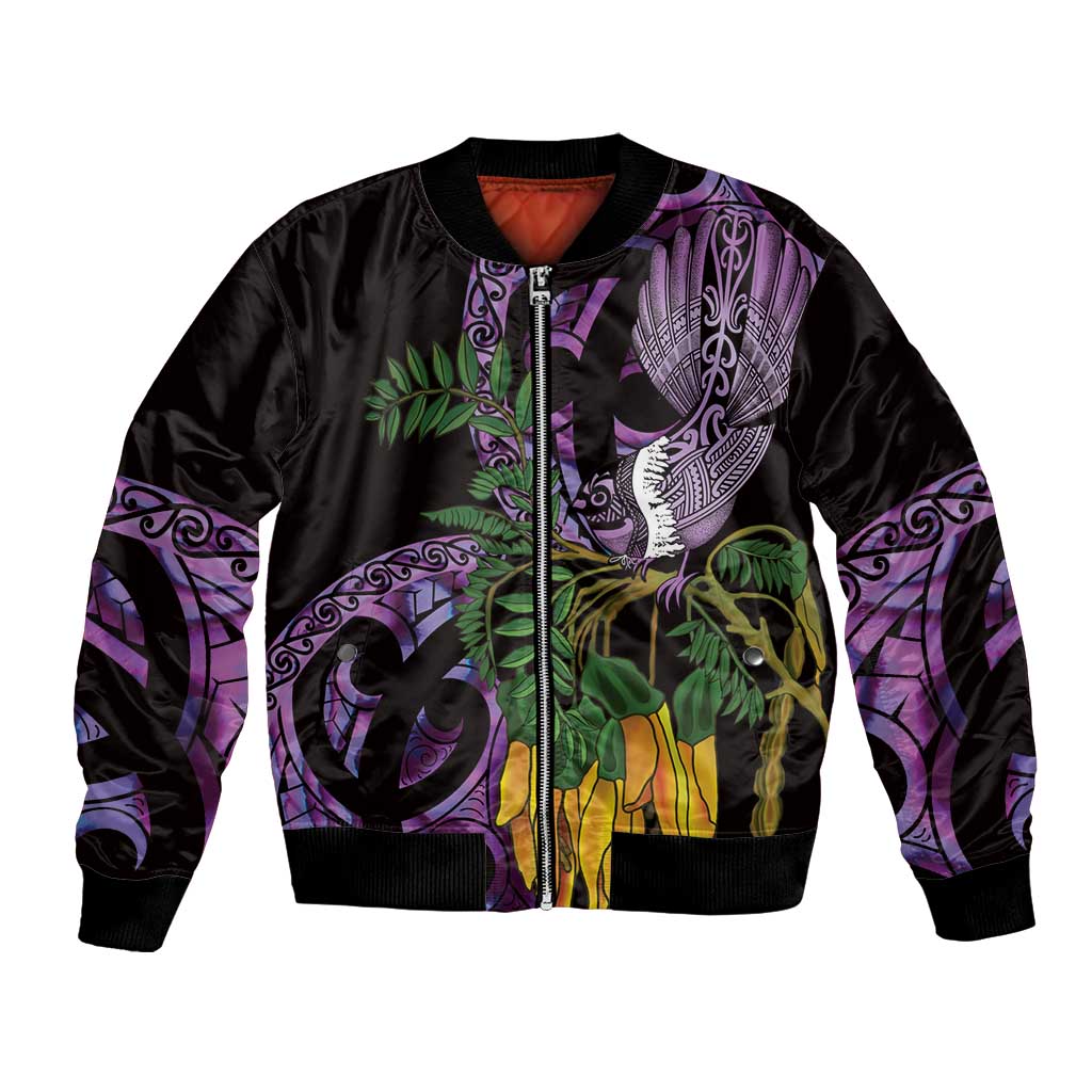 Purple New Zealand Kowhai And Piwakawaka Bomber Jacket Maori Ngaru Paua Shell LT14 Unisex Purple - Polynesian Pride