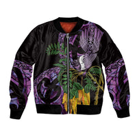Purple New Zealand Kowhai And Piwakawaka Bomber Jacket Maori Ngaru Paua Shell LT14 Unisex Purple - Polynesian Pride