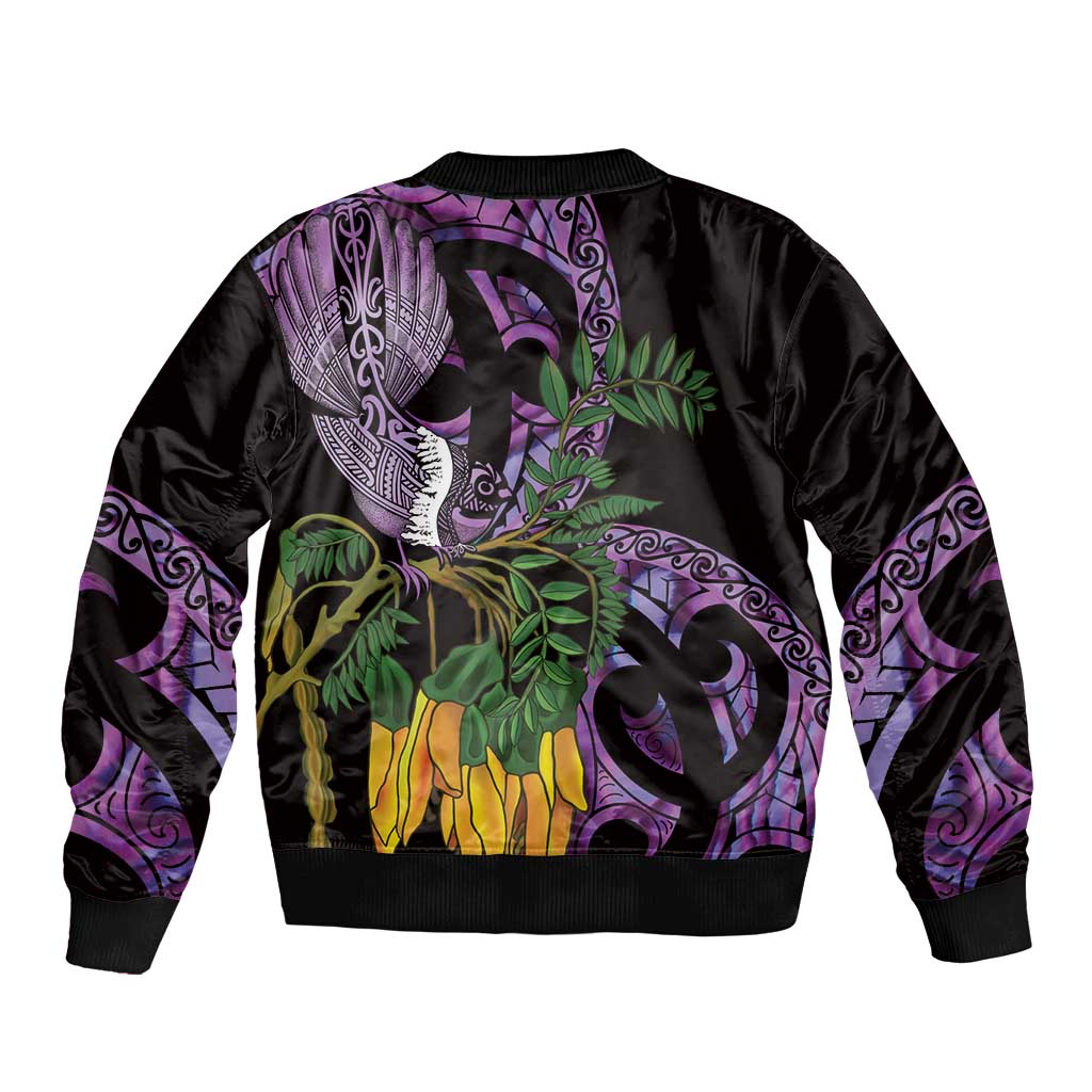 Purple New Zealand Kowhai And Piwakawaka Bomber Jacket Maori Ngaru Paua Shell LT14 - Polynesian Pride