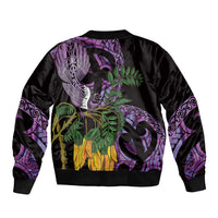 Purple New Zealand Kowhai And Piwakawaka Bomber Jacket Maori Ngaru Paua Shell LT14 - Polynesian Pride