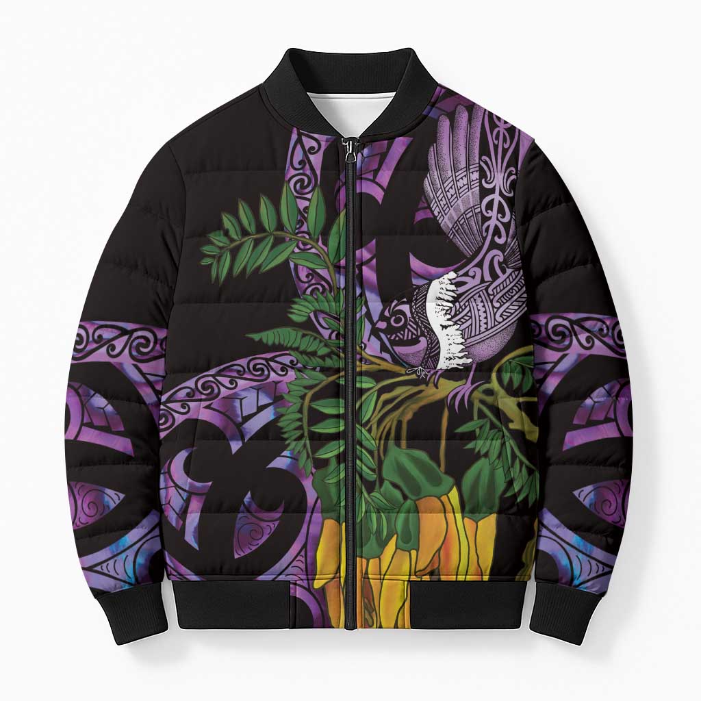 Purple New Zealand Kowhai And Piwakawaka Bomber Puffer Jacket Maori Ngaru Paua Shell LT14 Unisex Purple - Polynesian Pride