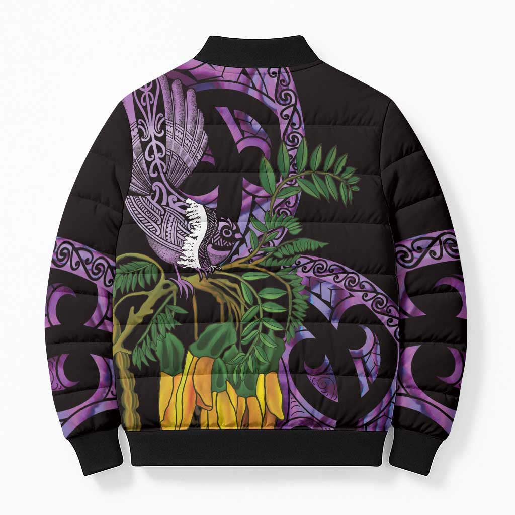 Purple New Zealand Kowhai And Piwakawaka Bomber Puffer Jacket Maori Ngaru Paua Shell LT14 - Polynesian Pride