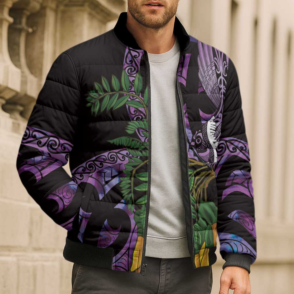 Purple New Zealand Kowhai And Piwakawaka Bomber Puffer Jacket Maori Ngaru Paua Shell LT14 - Polynesian Pride