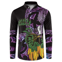 Purple New Zealand Kowhai And Piwakawaka Button Sweatshirt Maori Ngaru Paua Shell LT14 Purple - Polynesian Pride