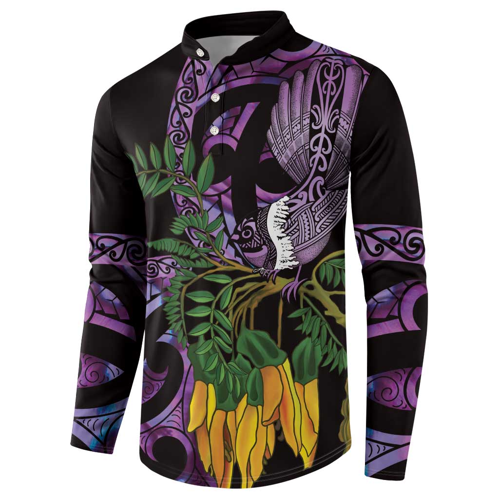 Purple New Zealand Kowhai And Piwakawaka Button Sweatshirt Maori Ngaru Paua Shell LT14 - Polynesian Pride