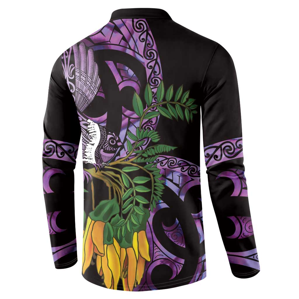 Purple New Zealand Kowhai And Piwakawaka Button Sweatshirt Maori Ngaru Paua Shell LT14 - Polynesian Pride
