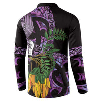Purple New Zealand Kowhai And Piwakawaka Button Sweatshirt Maori Ngaru Paua Shell LT14 - Polynesian Pride