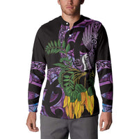 Purple New Zealand Kowhai And Piwakawaka Button Sweatshirt Maori Ngaru Paua Shell LT14 - Polynesian Pride