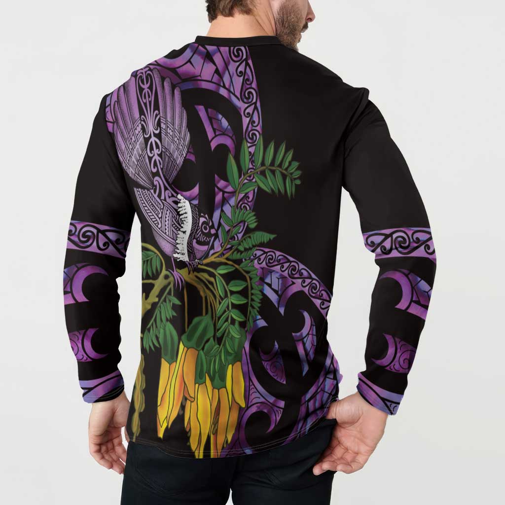 Purple New Zealand Kowhai And Piwakawaka Button Sweatshirt Maori Ngaru Paua Shell LT14 - Polynesian Pride