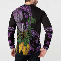 Purple New Zealand Kowhai And Piwakawaka Button Sweatshirt Maori Ngaru Paua Shell LT14 - Polynesian Pride